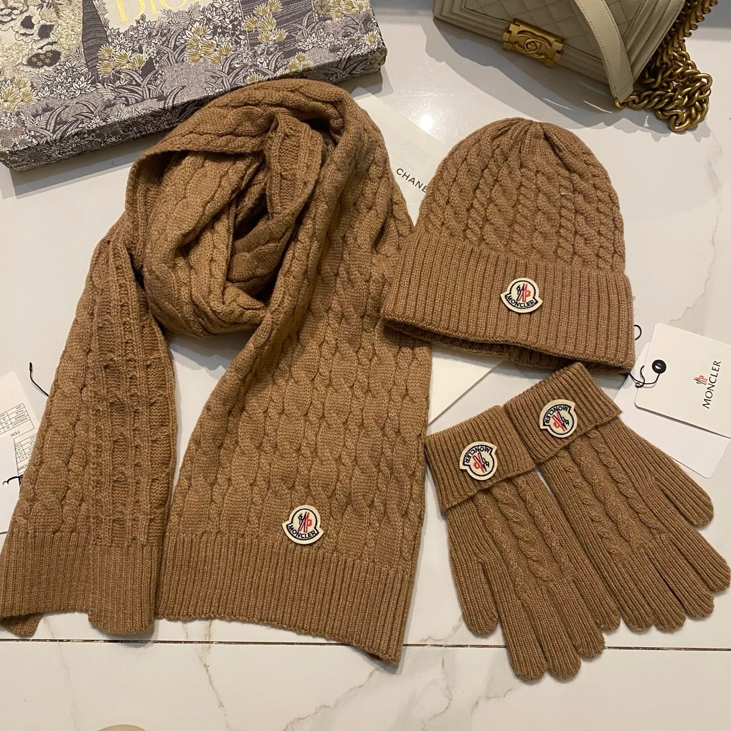 Moncler muzzle suit cashmere knitted hat + scarf + gloves