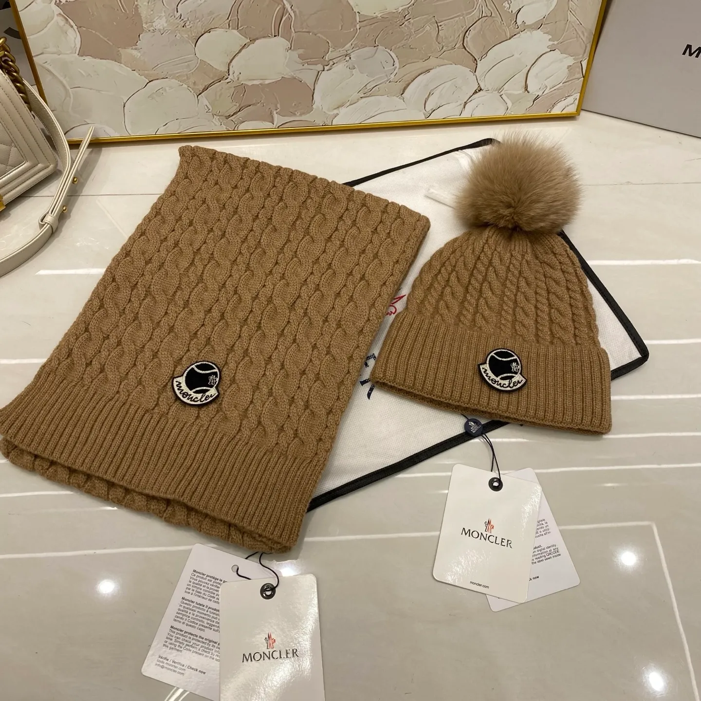 Moncler two-piece set cashmere knitted hat with fox fur ball + scarf🧣