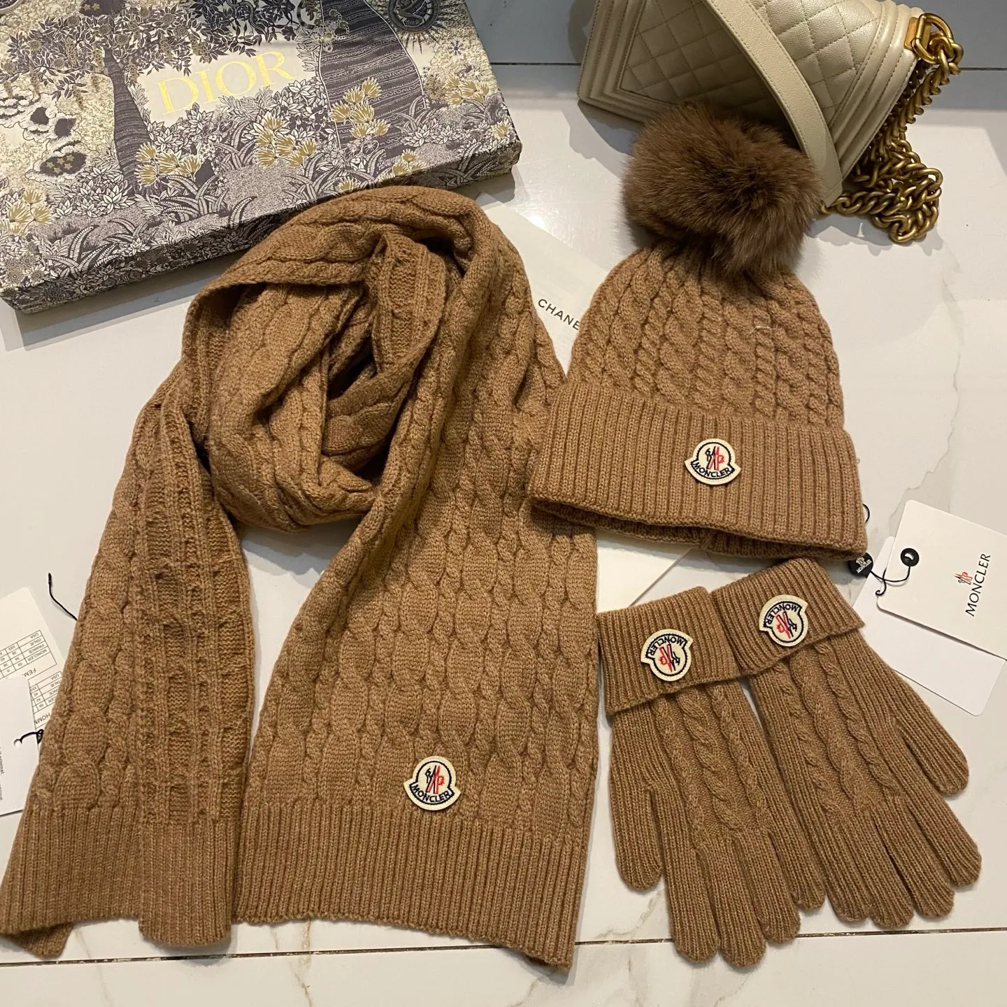Moncler muzzle suit cashmere knitted hat + scarf + gloves