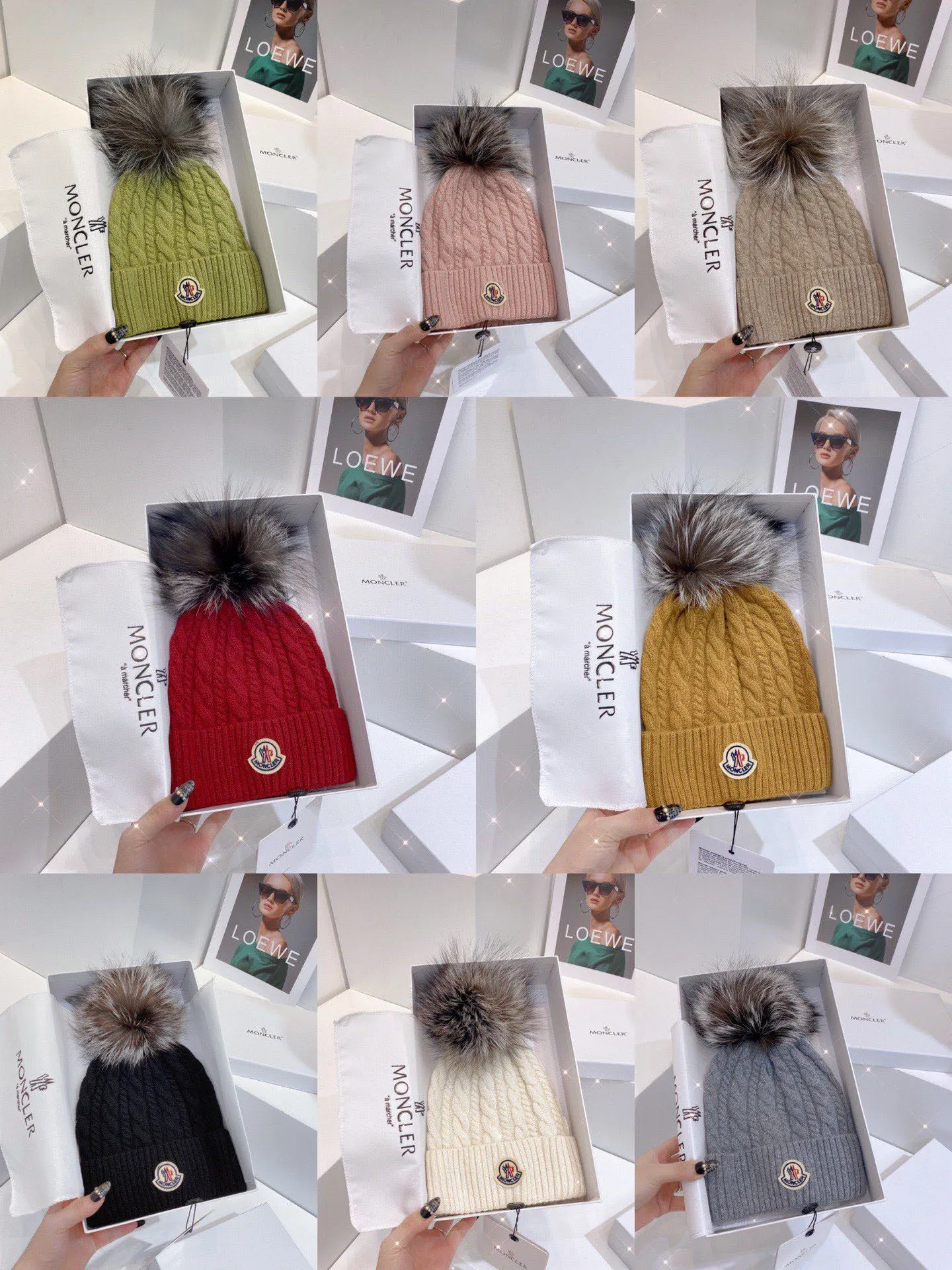 Special batch of 120 Moncler autumn and winter women's wool knitted warm knitted hats. Cashmere soft and waxy texture, genuine enjoyment. Extra large fox fur ball 1:1 customized, original label! High quality in stock