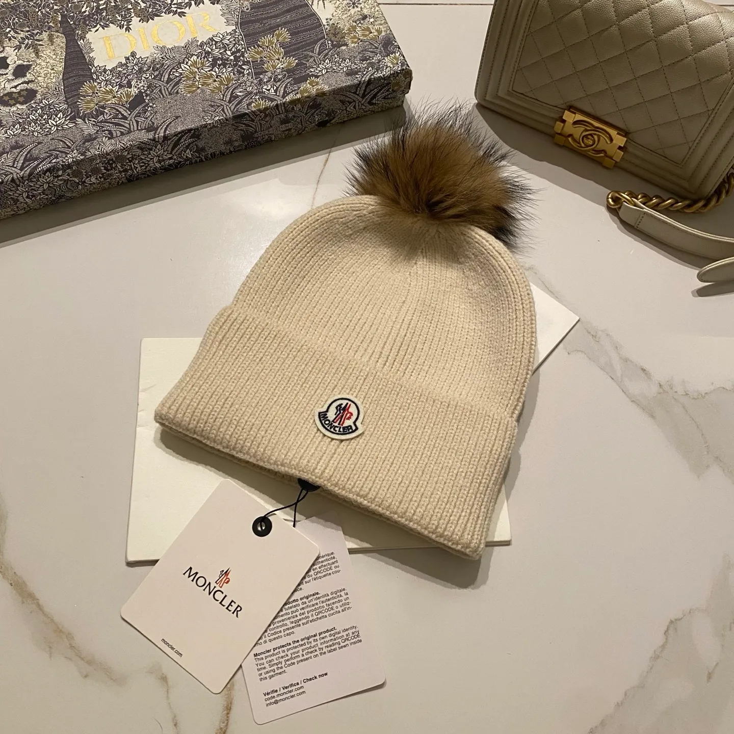 Moncler covered cashmere knitted hat + black fox fur ball/raccoon fur ball