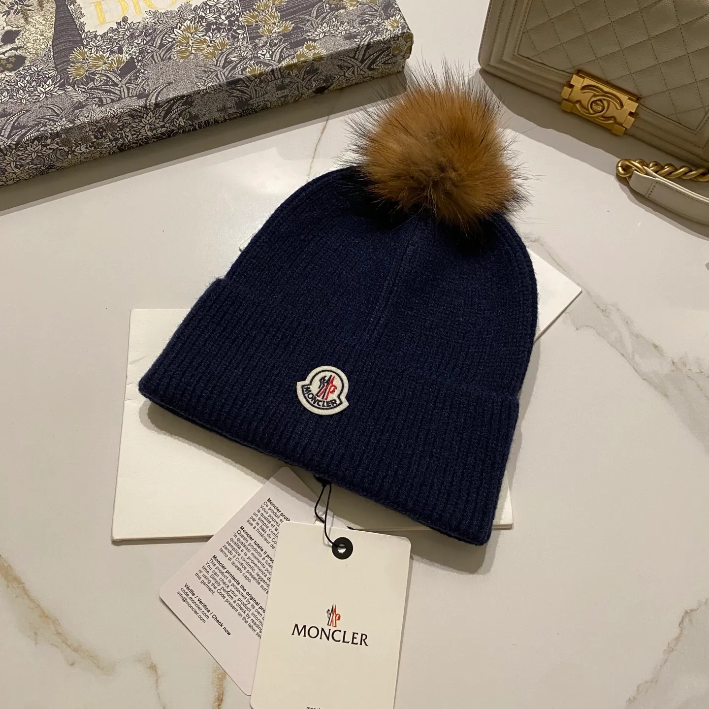 Moncler covered cashmere knitted hat + black fox fur ball/raccoon fur ball