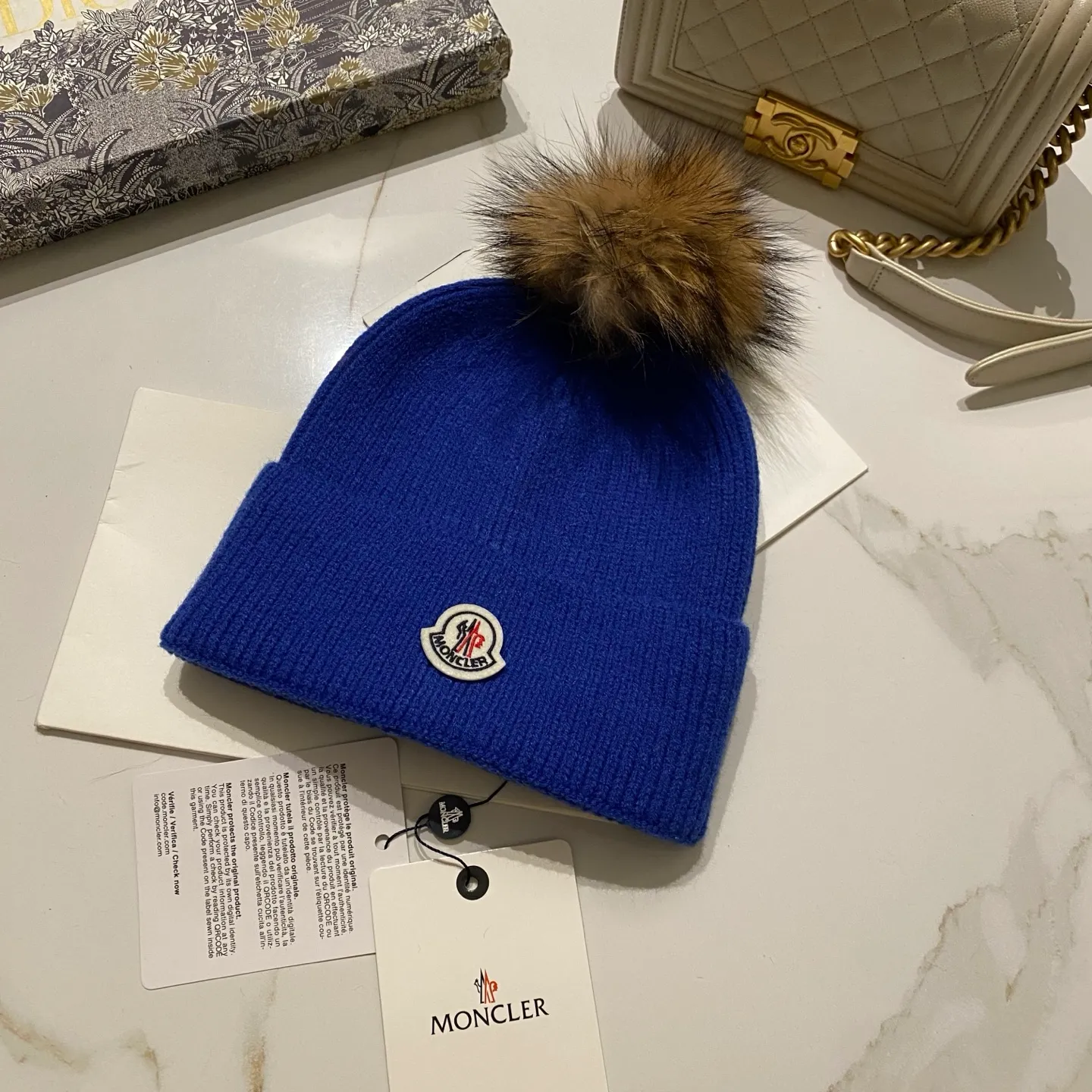 Moncler covered cashmere knitted hat + black fox fur ball/raccoon fur ball