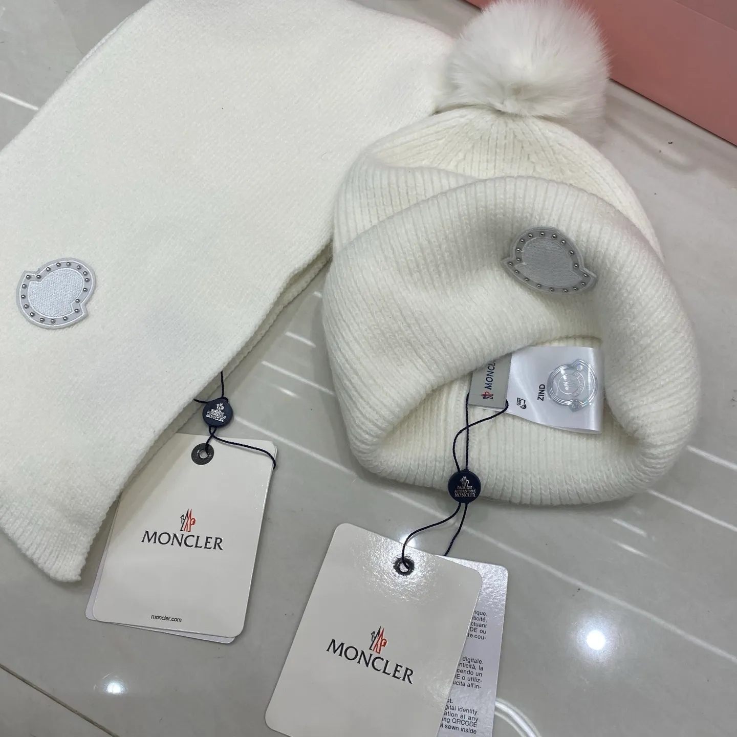 Moncler suit: cashmere scarf🧣/rabbit fur knitted hat + fox fur ball