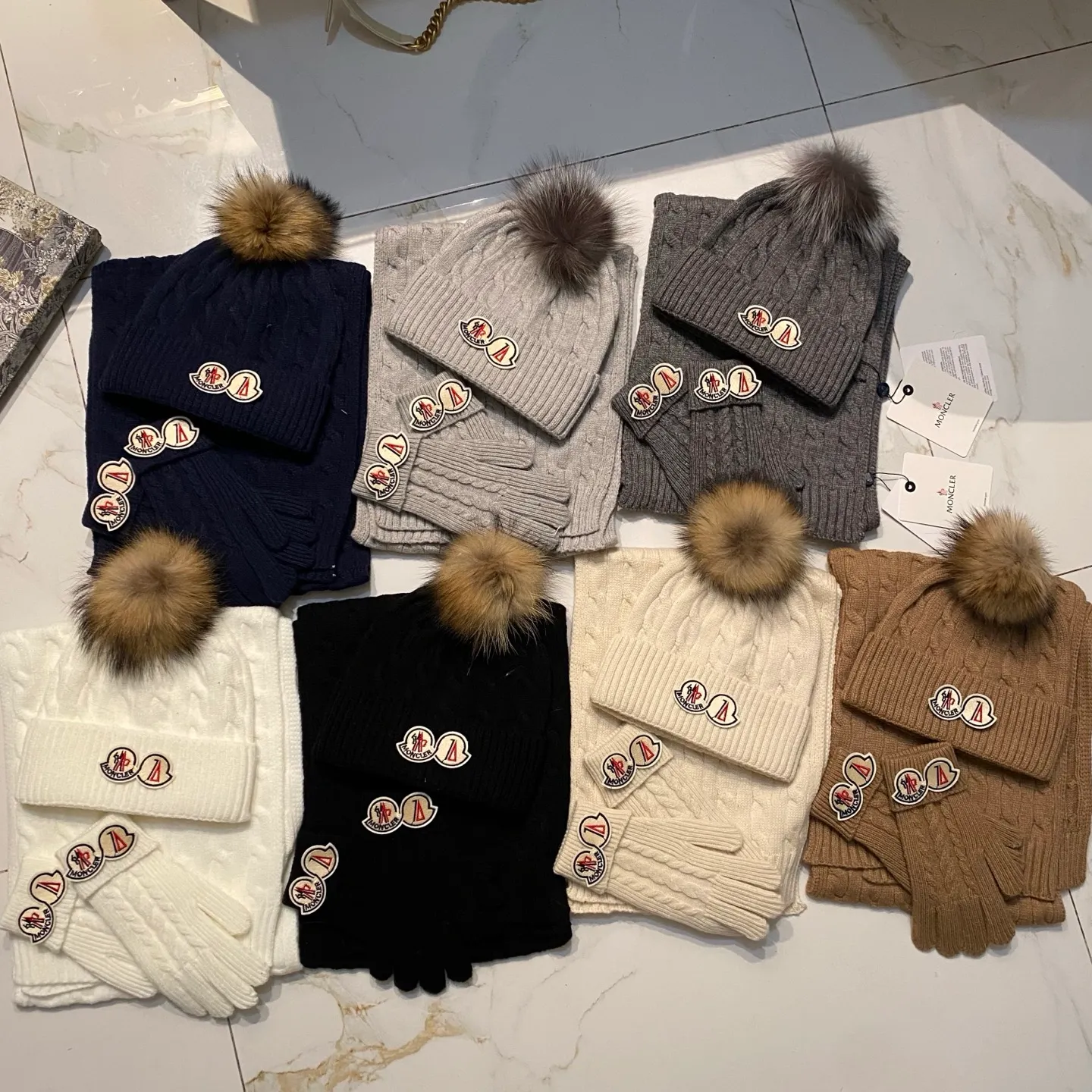Moncler muzzle three-piece set cashmere knitted hat + scarf + gloves