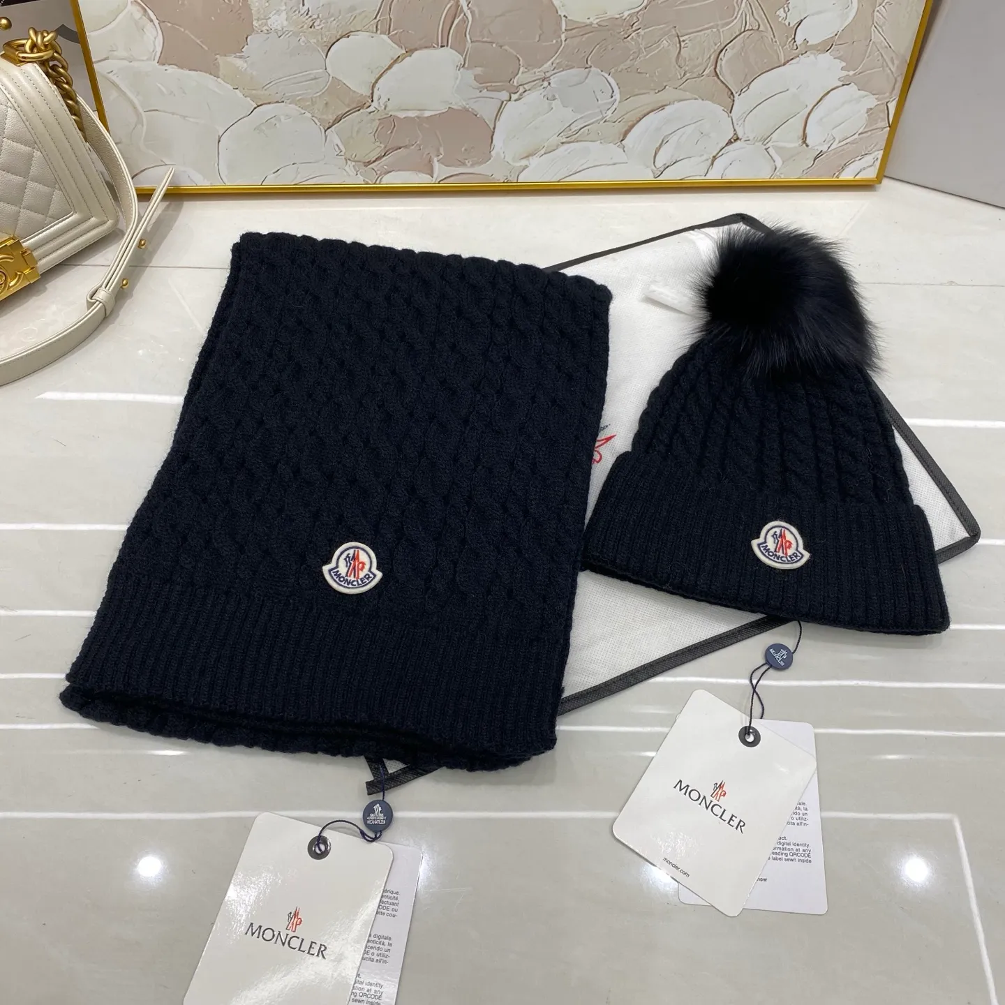 Moncler two-piece set cashmere knitted hat with fox fur ball + scarf🧣