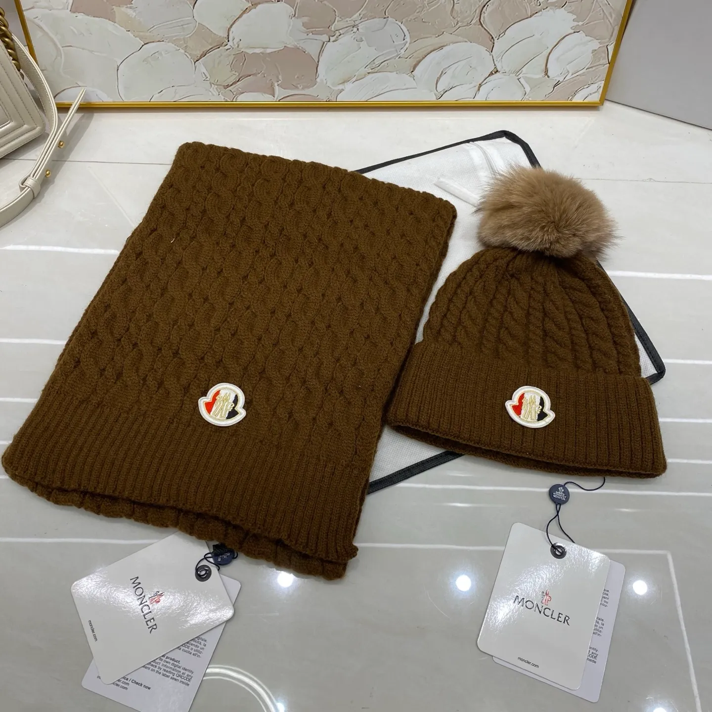 Moncler two-piece set cashmere knitted hat with fox fur ball + scarf🧣