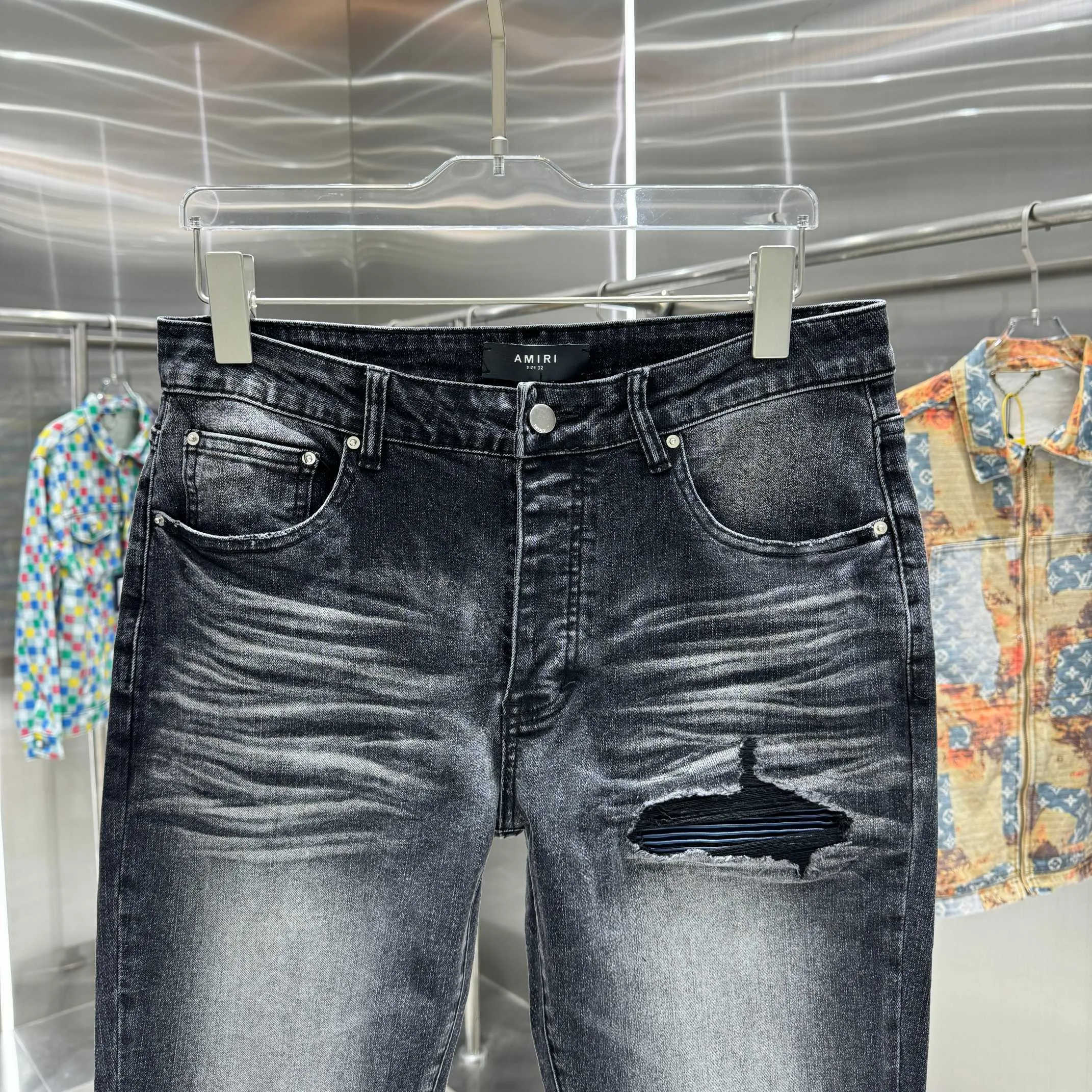 P290 Amiri ripped craft street fashion slim fit stretch jeans Color Black Size 30 32 34 36 38