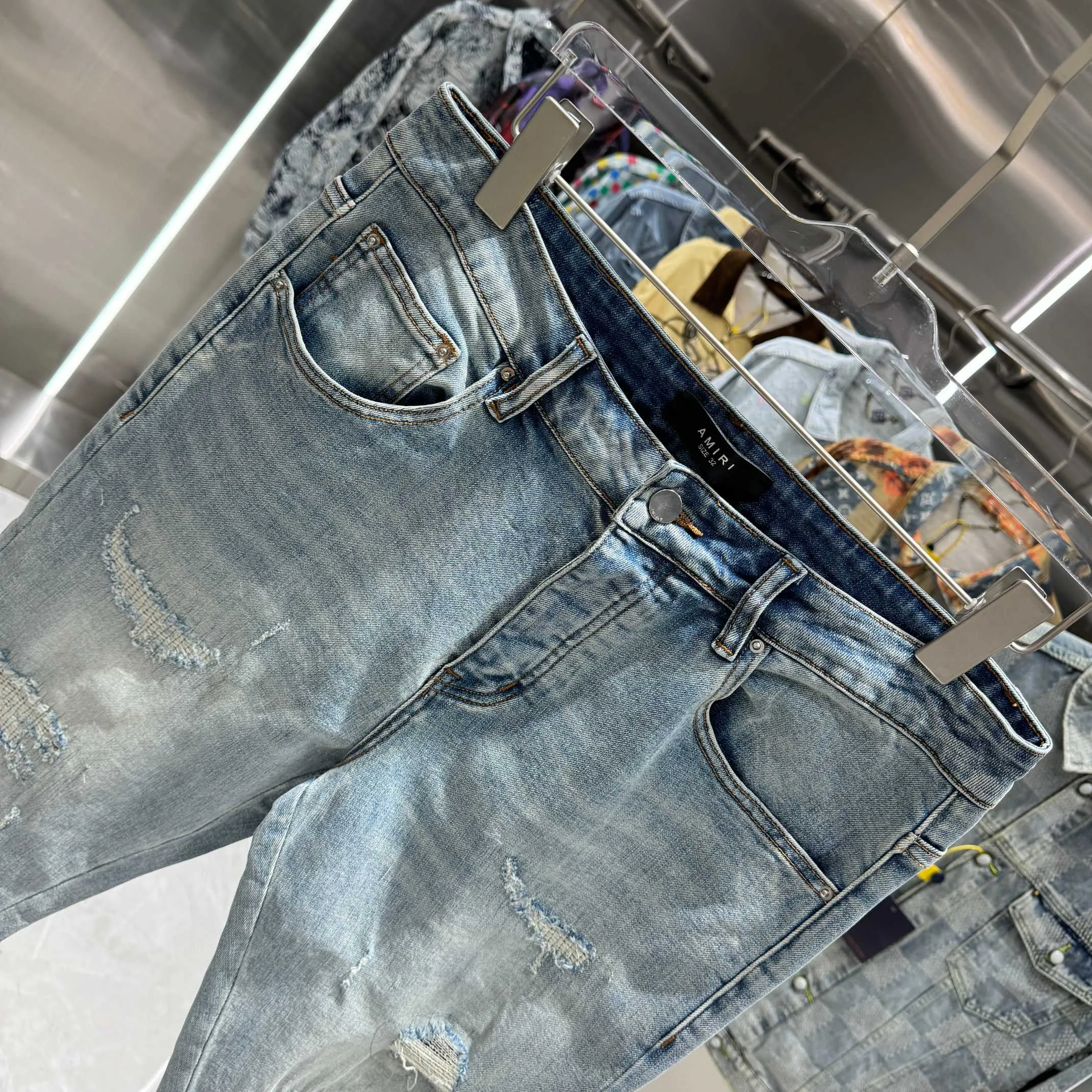 P290 Amiri ripped street fashion slim fit stretch jeans color blue size 30 32 34 36 38