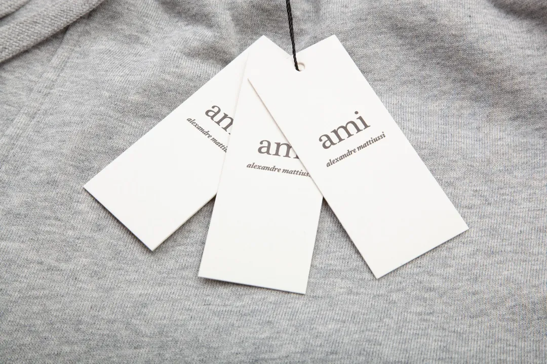 512# AMI Paris 24 spring and summer new small love casual trousers, embroidered back pockets, 380g pure cotton terry fabric, loose fit, elastic waist sweatpants, same style for men and women, color: black, gray, green, oatmeal, size: S-XL