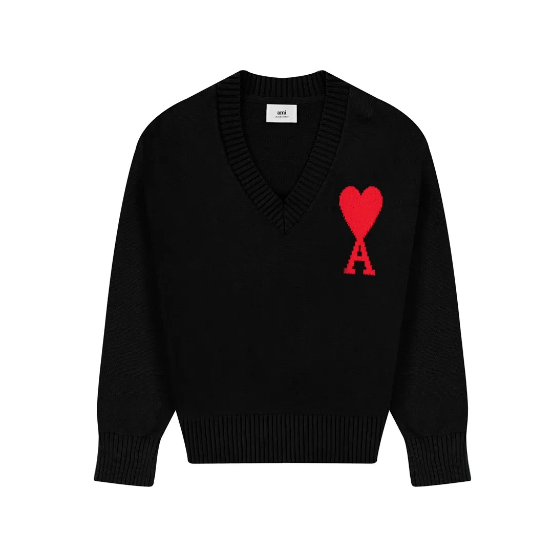CYA38# 2022 spring and summer new Ami de Coeur macaron love jacquard v-neck sweater, same style for men and women. Color: black, white, light pink, light green, apricot. Size: S-XL