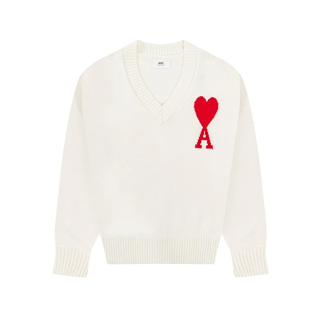 CYA38# 2022 spring and summer new Ami de Coeur macaron love jacquard v-neck sweater, same style for men and women. Color: black, white, light pink, light green, apricot. Size: S-XL