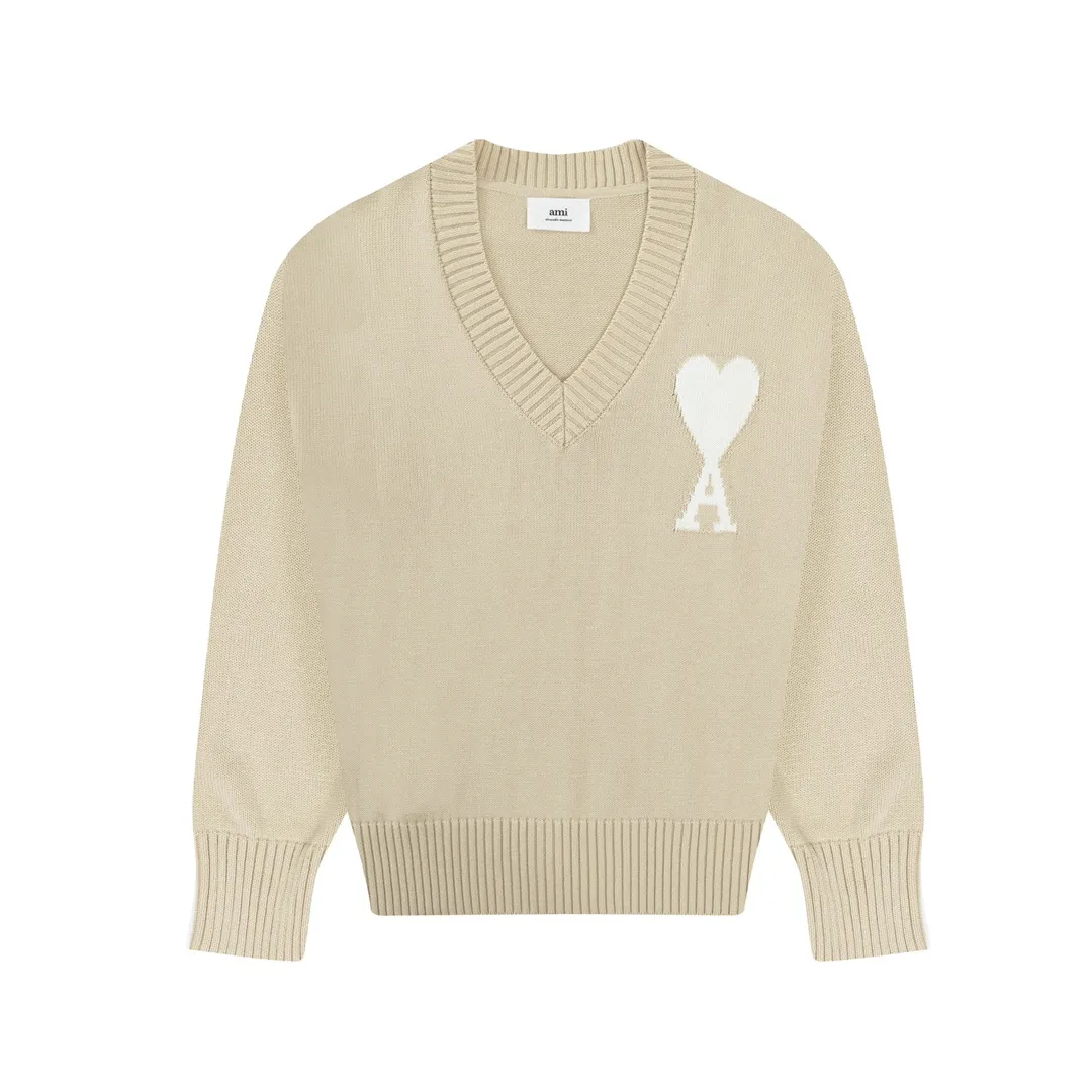 CYA38# 2022 spring and summer new Ami de Coeur macaron love jacquard v-neck sweater, same style for men and women. Color: black, white, light pink, light green, apricot. Size: S-XL