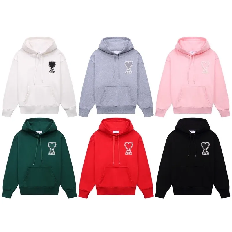 CY610#ami Alexandre Mattiussi21SS embroidered red heart solid color big heart hooded peach heart sweatshirt, same style for men and women, 10S thickened cotton sweatshirt 380G terry fabric, color: black, white, gray, red, green, pink. Size: S-XL