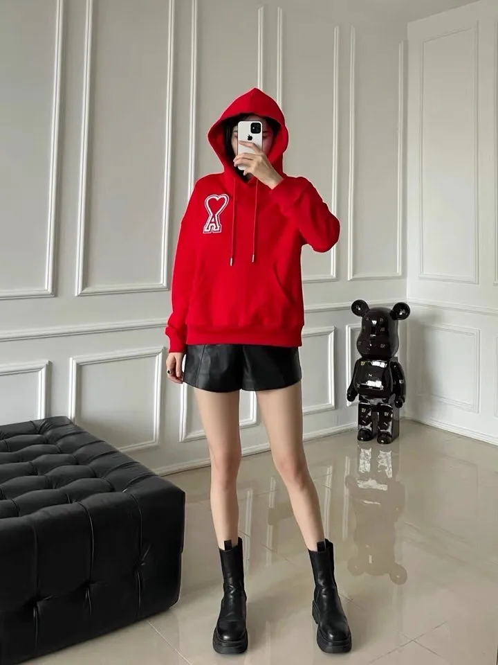 CY610#ami Alexandre Mattiussi21SS embroidered red heart solid color big heart hooded peach heart sweatshirt, same style for men and women, 10S thickened cotton sweatshirt 380G terry fabric, color: black, white, gray, red, green, pink. Size: S-XL