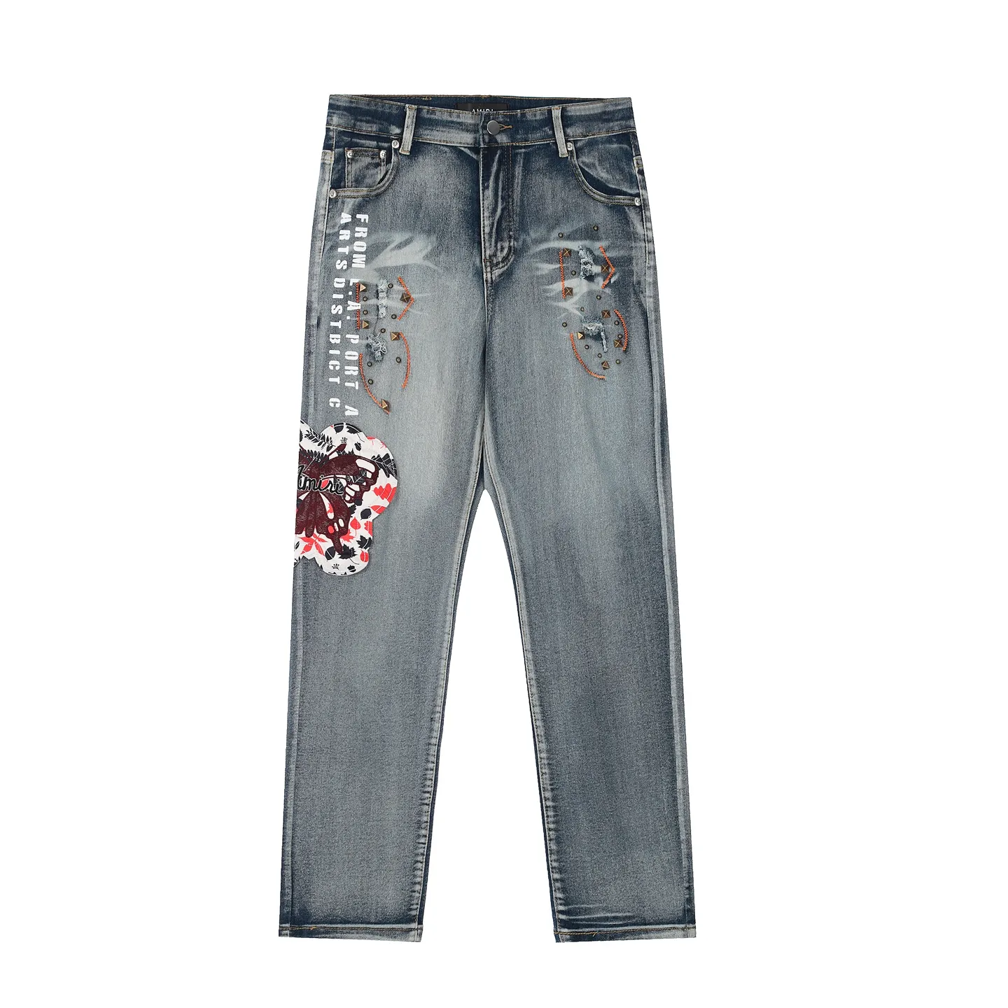#M58 P168💰 AMIRI patch embroidery jeans trousers AMIRI high street basic ripped tight elastic jeans trousers amiri brand jeans break the production process and cutting of the original jeans, the fabrics are softer and more comfortable Hand-sewn collar label Customized logo buttons Genuine leather tag Color: Picture color Size: 30-32-34-36