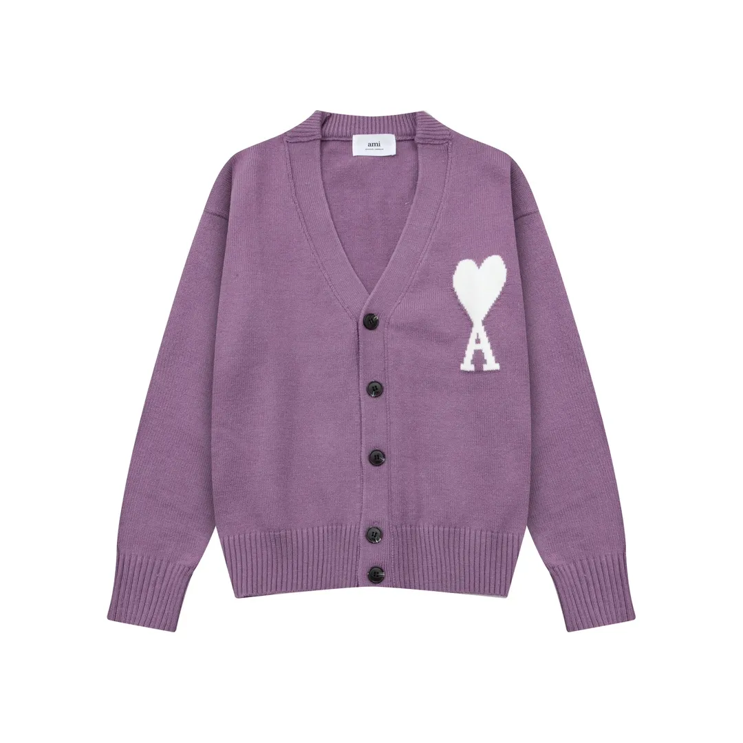 A8129# AMI Paris 2024 new autumn and winter new color big love alpaca blended soft and waxy knitted cardigan cloud sweater jacket Oversize version for men and women Color: ice blue light yellow light pink purple gray apricot turmeric dark gray turquoise dark purple Size: S-XL