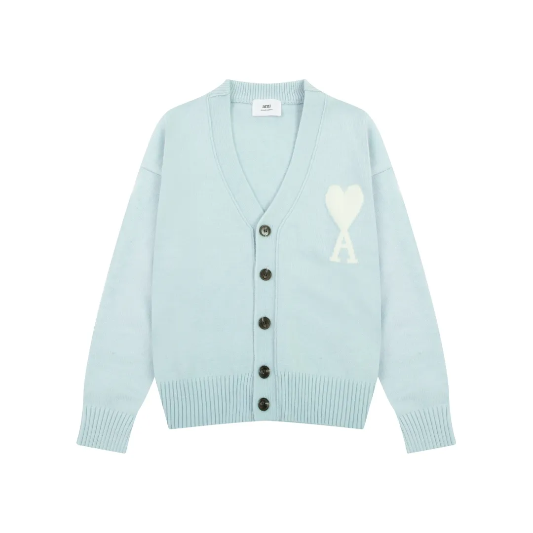 A8129# AMI Paris 2024 new autumn and winter new color big love alpaca blended soft and waxy knitted cardigan cloud sweater jacket Oversize version for men and women Color: ice blue light yellow light pink purple gray apricot turmeric dark gray turquoise dark purple Size: S-XL
