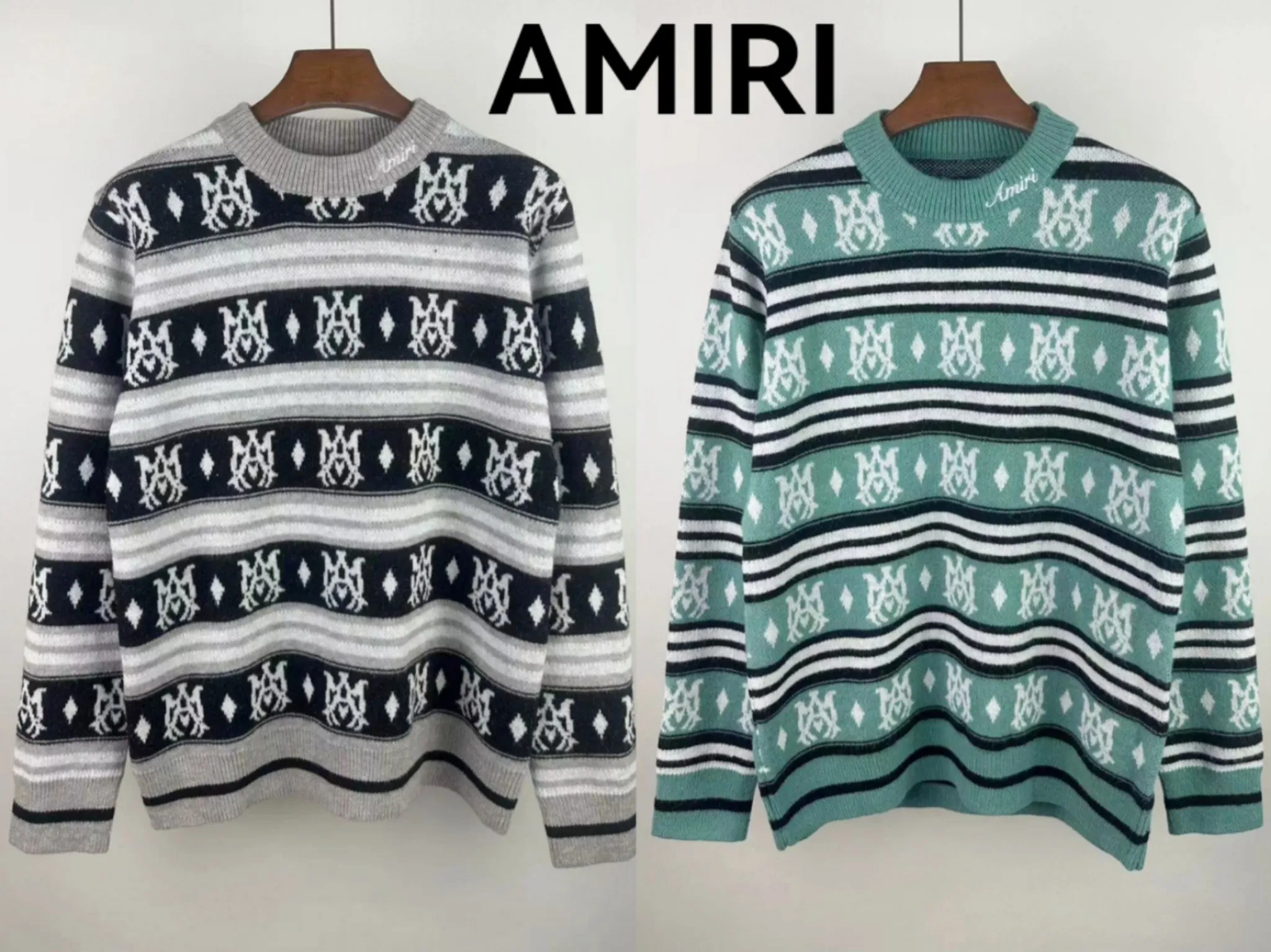P250 🎉AMIRI new seahorse wool sweater, personalized logo embroidery on the collar, 🈵 exclusive logo jacquard, color: green black digital: S M L XL XXL