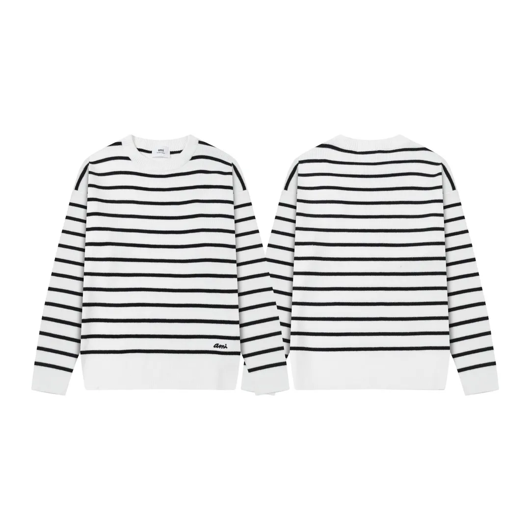 8182# Ami Paris 2024 autumn and winter new designer ami letter embroidered striped knitted wool round neck pullover sweater for men and women. Color: White Size S-XL