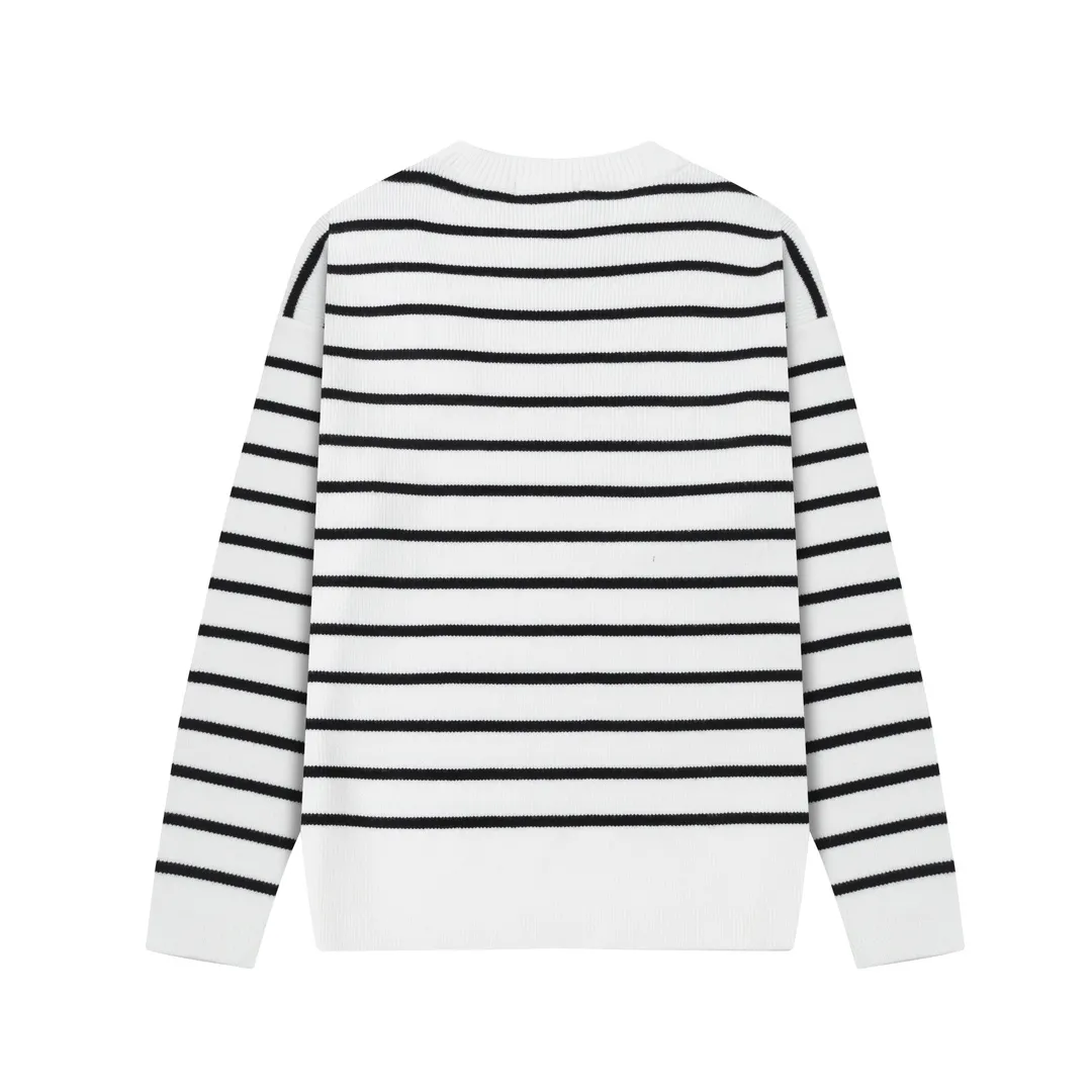 8182# Ami Paris 2024 autumn and winter new designer ami letter embroidered striped knitted wool round neck pullover sweater for men and women. Color: White Size S-XL