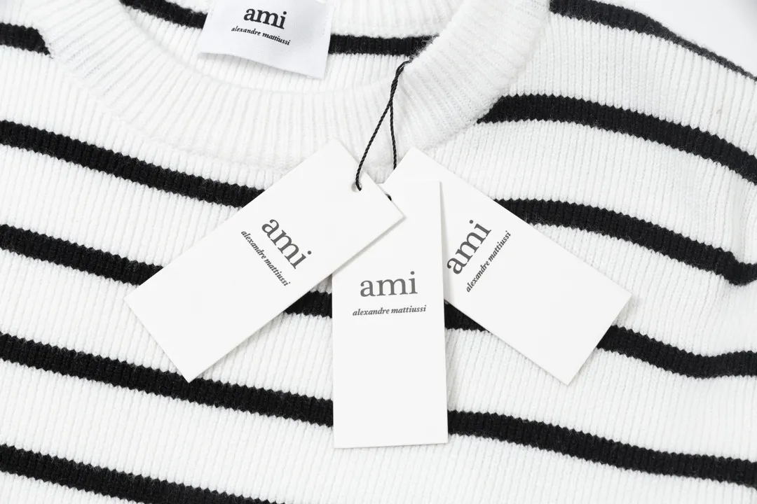 8182# Ami Paris 2024 autumn and winter new designer ami letter embroidered striped knitted wool round neck pullover sweater for men and women. Color: White Size S-XL