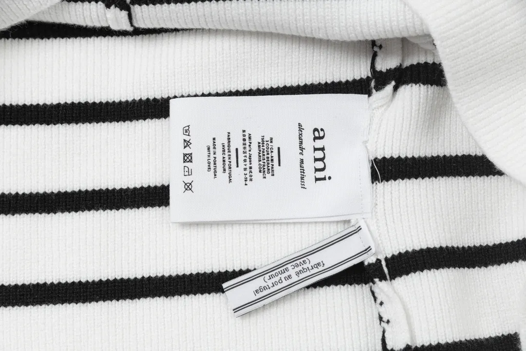 8182# Ami Paris 2024 autumn and winter new designer ami letter embroidered striped knitted wool round neck pullover sweater for men and women. Color: White Size S-XL
