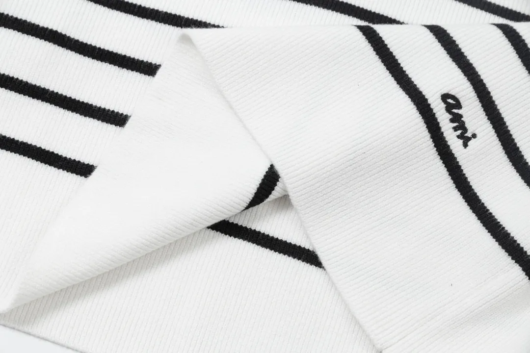 8182# Ami Paris 2024 autumn and winter new designer ami letter embroidered striped knitted wool round neck pullover sweater for men and women. Color: White Size S-XL