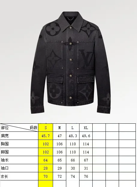 Size Chart Official Website More Details LV MONOGRAM Denim Tunic Jacket Denim Jacket This belted jacket incorporates multiple logo elements into the workwear silhouette, demonstrating the brand's exquisite craftsmanship. The washed denim fabric has a diagonal Epi jacquard texture, and the Monogram Macro pattern with light and dark gradients is superimposed on it. Monogram floral studs add an elegant touch to the design, perfect for matching trousers.  Regular fit Biased Epi jacquard Monogram Macro logo print Rear Damier nubuck patch with metallic LV accents Top pocket with Monogram floral studs Chest patch pocket Front flap pocket