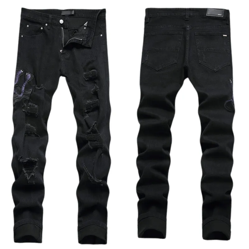 #M57 P168💰 AMIRI patch embroidery jeans trousers AMIRI high street basic ripped tight elastic jeans trousers amiri brand jeans break the production process and cutting of the original jeans, the fabrics are softer and more comfortable Hand-sewn collar label Customized logo buttons Genuine leather tag Color: Picture color Size: 30-32-34-36