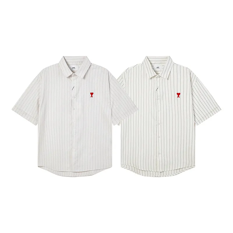 AMI Paris classic autumn red love heart embroidered on the chest. Casual cotton large striped short-sleeved Oxford shirt. Original custom-made 180g pure cotton fabric. Loose off-shoulder version. Same style for men and women. Color: black and white, blue and white. Size: S-XL.