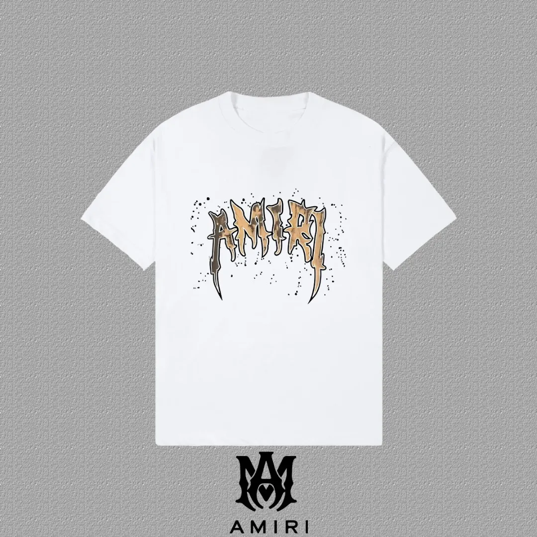 P140 [AMIRI] 2025FW short-sleeved T-shirt LOGO printing, high-end 26s double yarn 300g fabric, heavy fabric, custom stretcher rib, same vat and dye, complete three standards, same style for men and women, color: black, white, gray, size: S M L XL 2XL