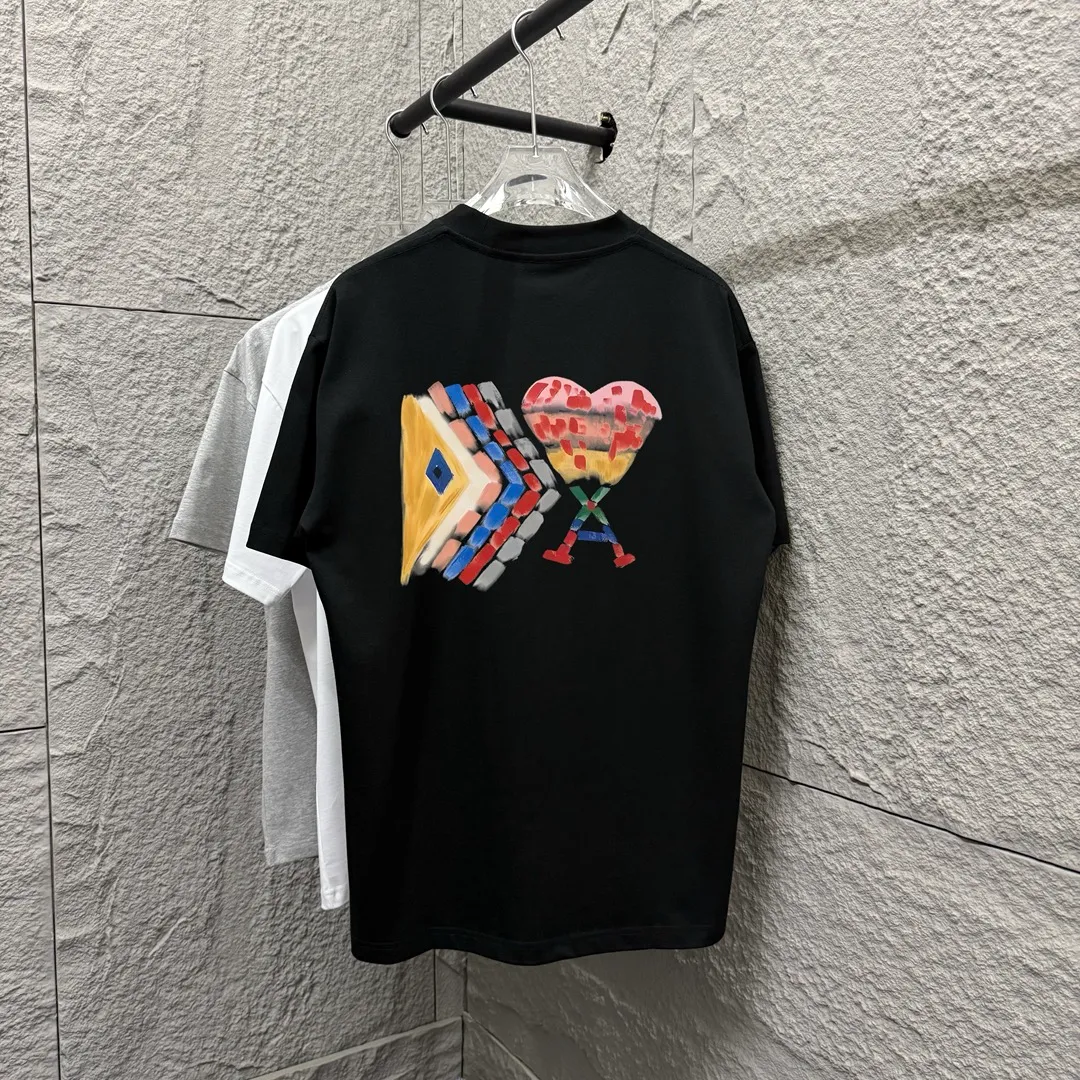 🅿️180 Ami* 2025 spring and summer new Ami rainbow love print Customized double yarn plain cotton fabric Short-sleeved T-shirt Unisex Color: Black White Floral Gray Angora Red Size: S (90-130 catties) M (120-150 catties) L (140-165 catties) XL (160-180 catties) XXL (180-210 pounds)