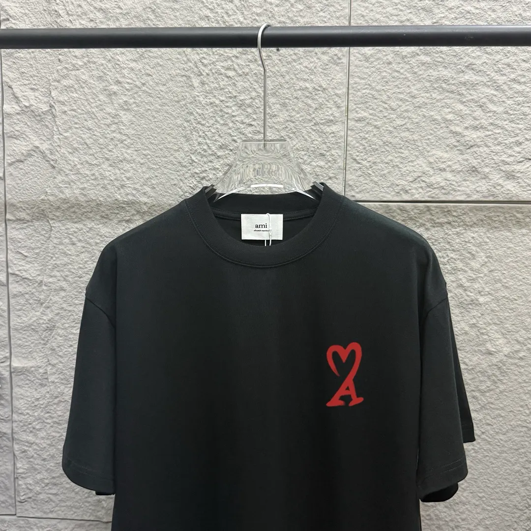 🅿️180 Ami* 2025 spring and summer new Ami rainbow love print Customized double yarn plain cotton fabric Short-sleeved T-shirt Unisex Color: Black White Floral Gray Angora Red Size: S (90-130 catties) M (120-150 catties) L (140-165 catties) XL (160-180 catties) XXL (180-210 pounds)