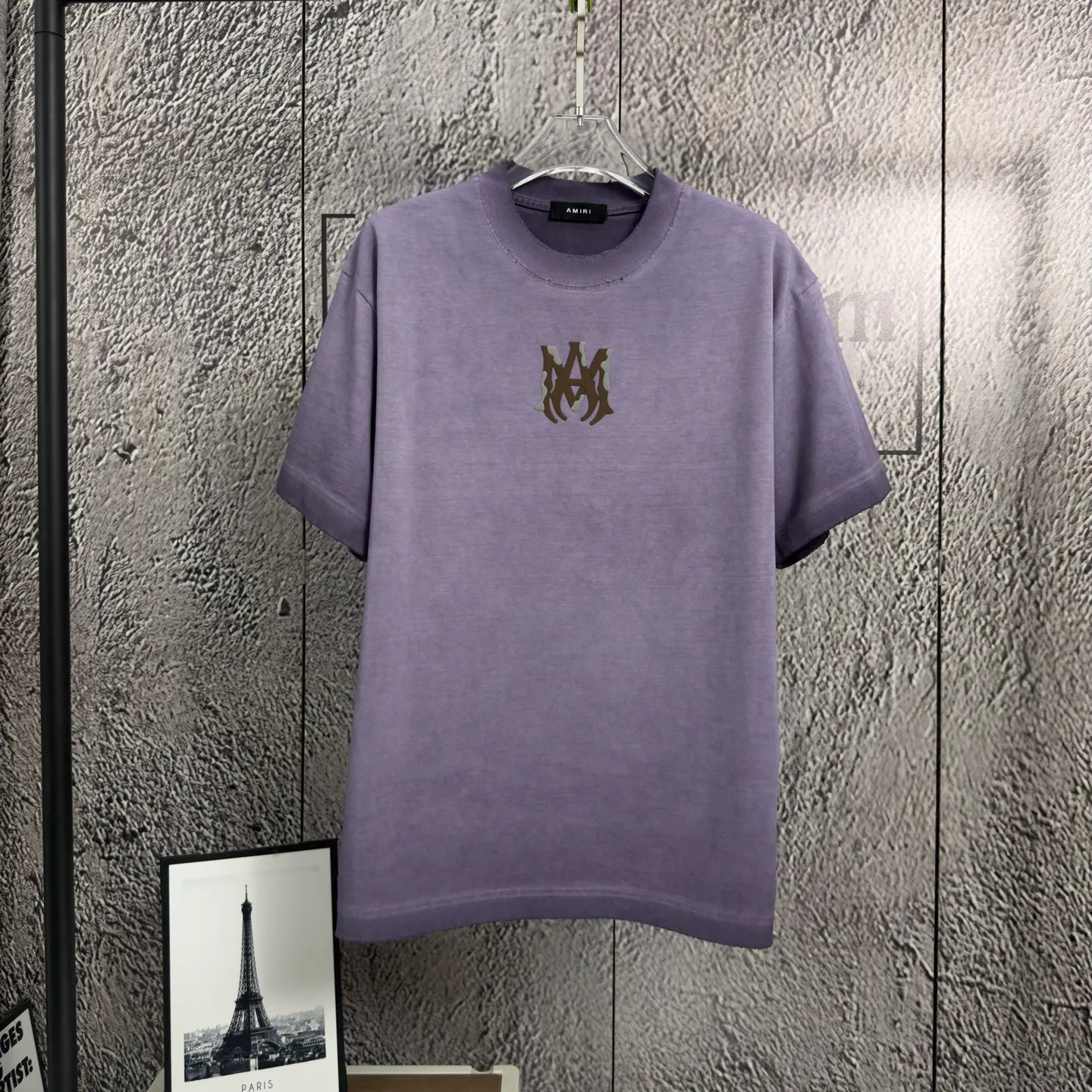 P170 𝙉𝙚𝙬⚜️AMl Amy》 2026 spring and summer new short-sleeved T-shirt, heavyweight pure cotton, washed and distressed, flocked and foamed letter personalized style Color: White Gray Purple Black Size: S M L XL XXL