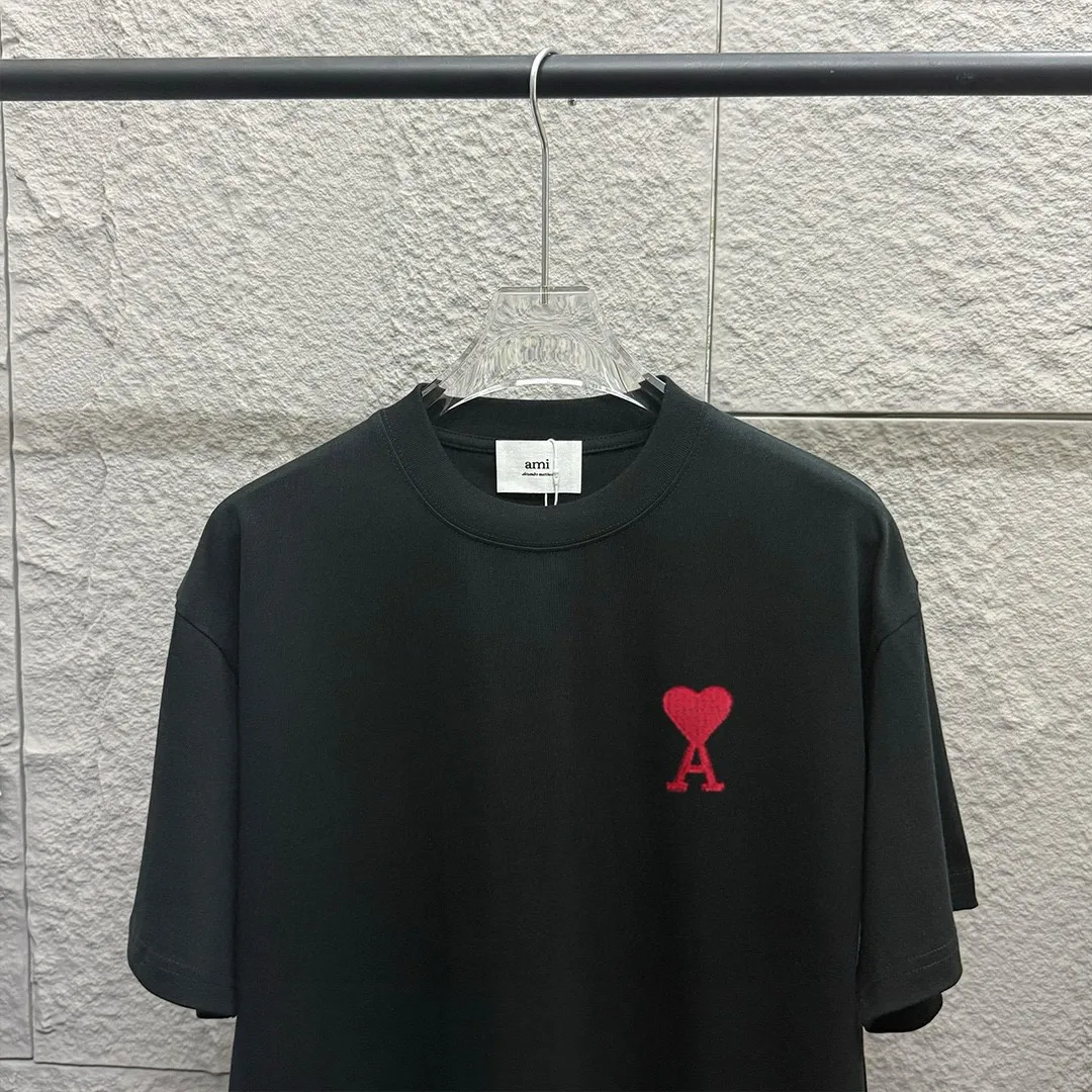 🅿️180 Ami* love embroidery 2025 spring and summer new style Big love A embroidered personalized letters Customized double yarn plain cotton fabric Short-sleeved T-shirt Uniform for men and women Color: white floral gray black Size: S (90-130 pounds) M (120-150 pounds) L (140-165 pounds) XL (160-180 pounds) XXL (180-210 pounds)