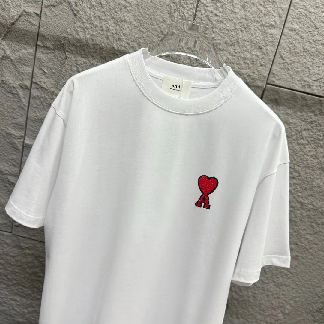 🅿️180 Ami* 2025 spring and summer new style Ami love letter embroidery Customized double yarn plain cotton fabric Short-sleeved T-shirt Uniform for men and women Color: black white floral gray Size: S (90-130 pounds) M (120-150 pounds) L (140-165 pounds) XL (160-180 pounds) XXL (180-210 pounds)