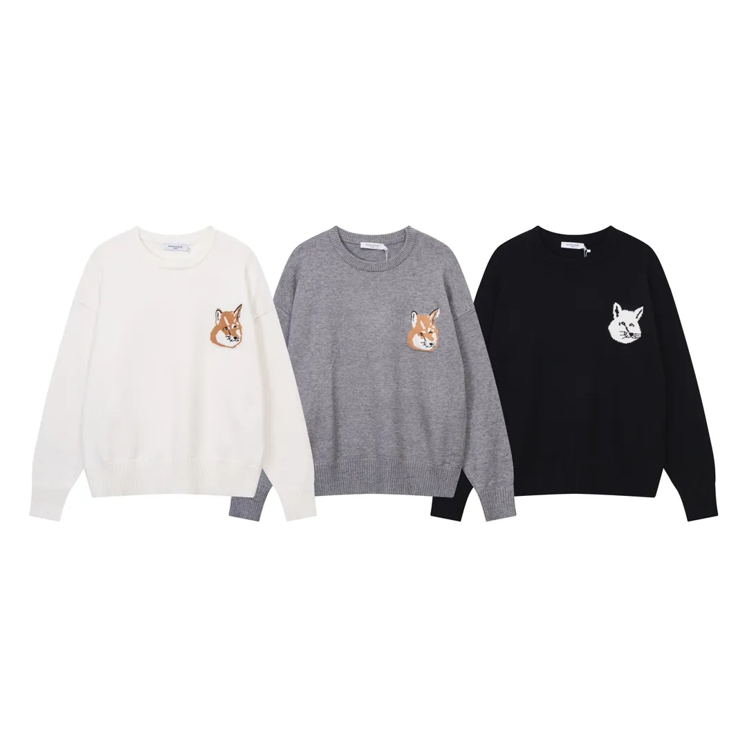 P200 A8119# MAISON KITSUNE 2023 new product big fox head embroidered on the chest, simple round neck daily casual pullover sweater, same style for men and women Color: black gray white Size: S-XL