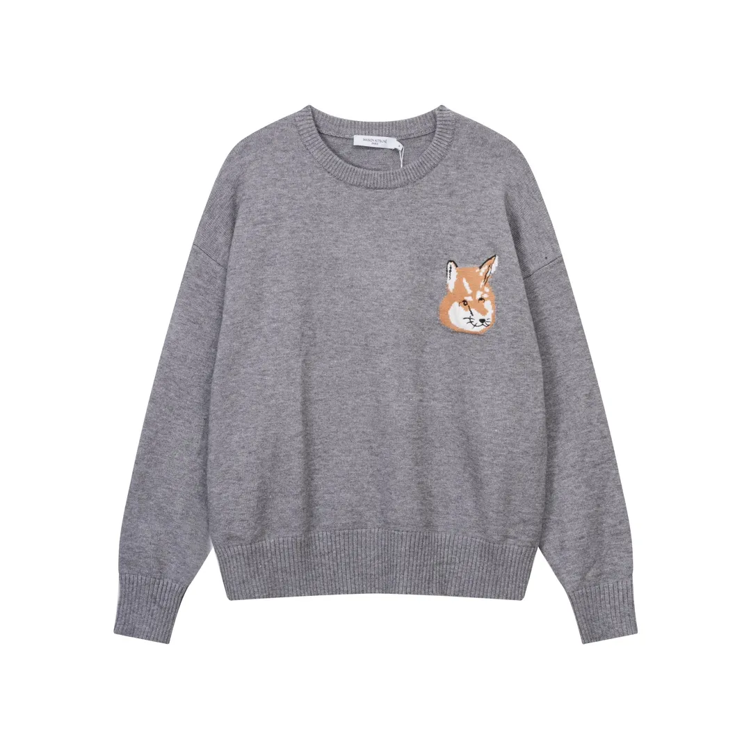 P200 A8119# MAISON KITSUNE 2023 new product big fox head embroidered on the chest, simple round neck daily casual pullover sweater, same style for men and women Color: black gray white Size: S-XL