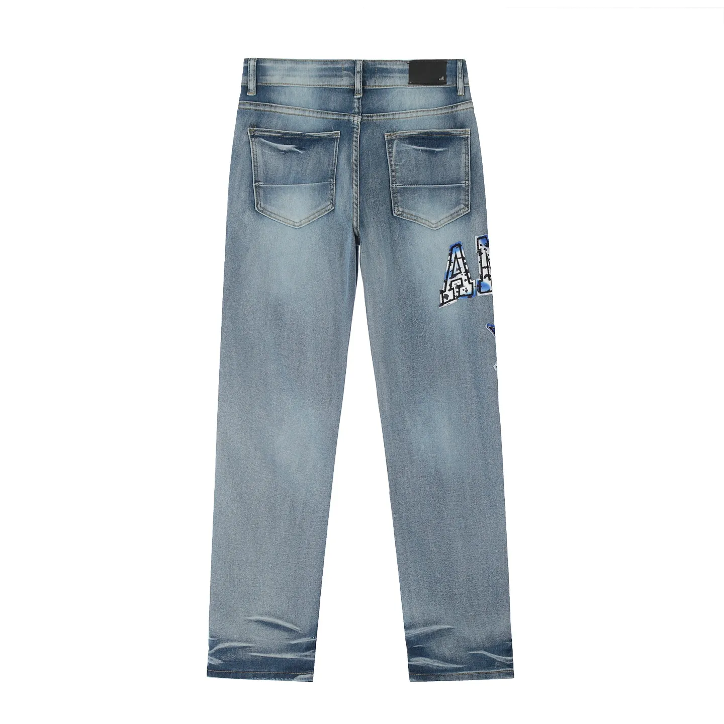 #M50 P168💰 Amiri classic embroidered patched leather ripped letter jeans, slim fit jeans, produced by a major washed factory, full of high-end feel, partially destroyed knee design with patchwork leather design, has been used as a facade design, leather waist nameplate, the focus of this style is not on the washing, but on the destroyed shape and version. The secret lies in the craftsmanship of the master. The cost of post-processing, grinding, cutting, etc. is far beyond the cost of assembly line products. Color: Picture color Size: 30-32-34-36