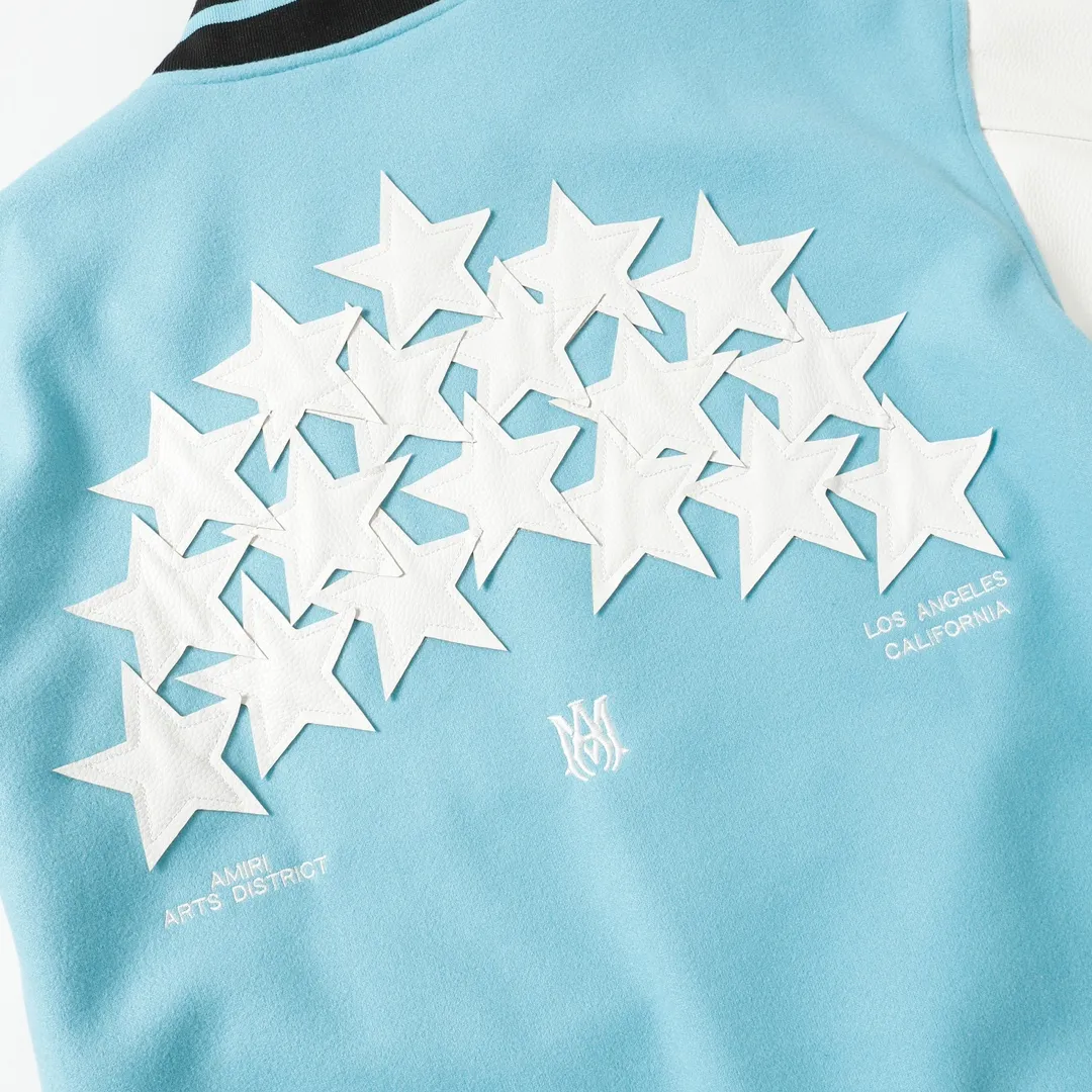 P370 Amiri2024ss Star ⭐ Baseball Jacket - Using laser burning patch technology, pocket hardware zipper design, full of uniqueness - 700g dragon and phoenix nylon and litchi pattern PU collide💥 Fashionable and versatile M L Xl xxl