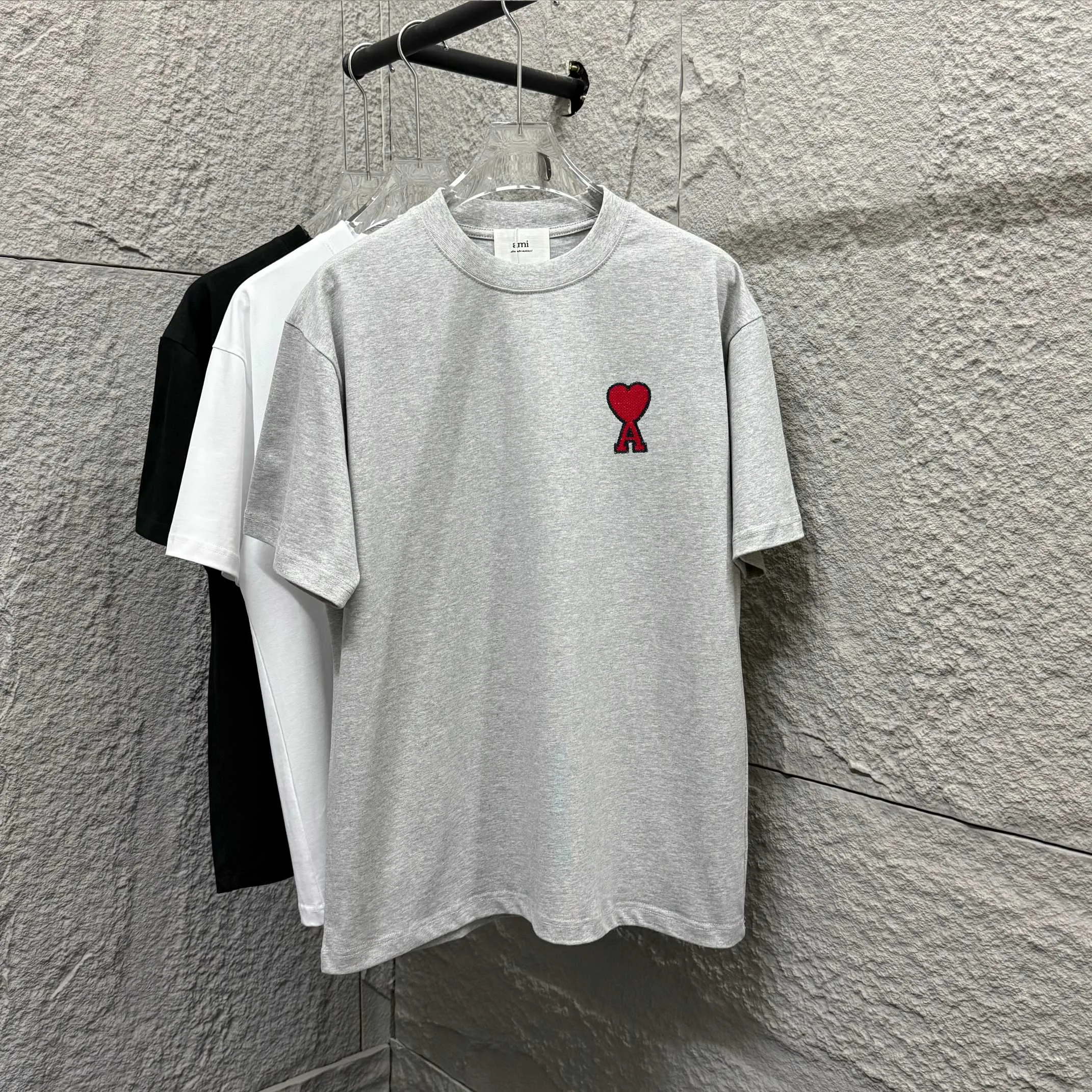 🅿️180 Ami* 2025 spring and summer new style Ami framed love letter embroidery Customized double yarn plain cotton fabric Short-sleeved T-shirt Uniform for men and women Color: black white floral gray Size: S (90-130 pounds) M (120-150 pounds) L (140-165 pounds) XL (160-180 pounds) XXL (180-210 pounds)