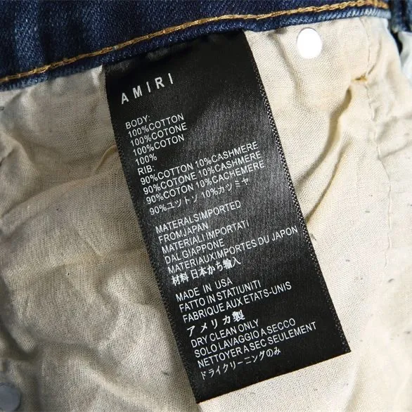 #M58 P168💰 AMIRI patch embroidery jeans trousers AMIRI high street basic ripped tight elastic jeans trousers amiri brand jeans break the production process and cutting of the original jeans, the fabrics are softer and more comfortable Hand-sewn collar label Customized logo buttons Genuine leather tag Color: Picture color Size: 30-32-34-36