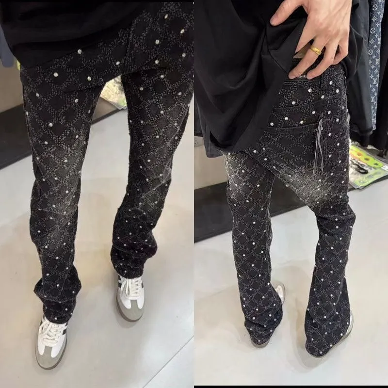 P220 💰 AM micro-flared baby's breath jeans light luxury jeans AMIRI jeans trousers micro-elastic jeans trousers amiri brand jeans break the production process and cutting of the original jeans, the fabrics are softer and more comfortable Hand-sewn collar label Customized logo buttons Genuine leather tag Color: Picture color Size: 28-30-32-34-36