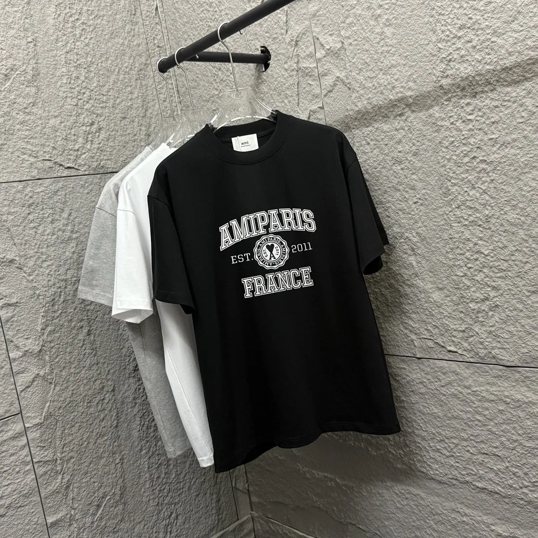 🅿️180 Ami* 2025 spring and summer new style Ami letter flocking technology Customized double yarn plain cotton fabric Short-sleeved T-shirt Uniform for men and women Color: black white floral gray Size: S (90-130 catties) M (120-150 catties) L (140-165 catties) XL (160-180 catties) XXL (180-210 pounds)