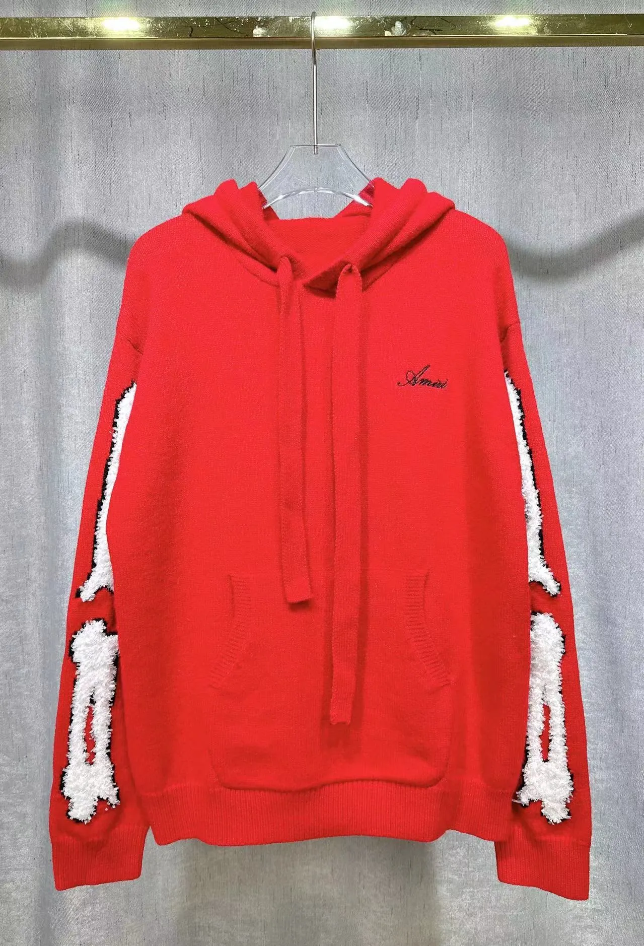 P290 🎉AMIRI new hooded sweater, logo embroidery on the chest + belly bag, 1:1 towel embroidery on the sleeves. Color: apricot white, red, gray, black, size: S M L XL XXL