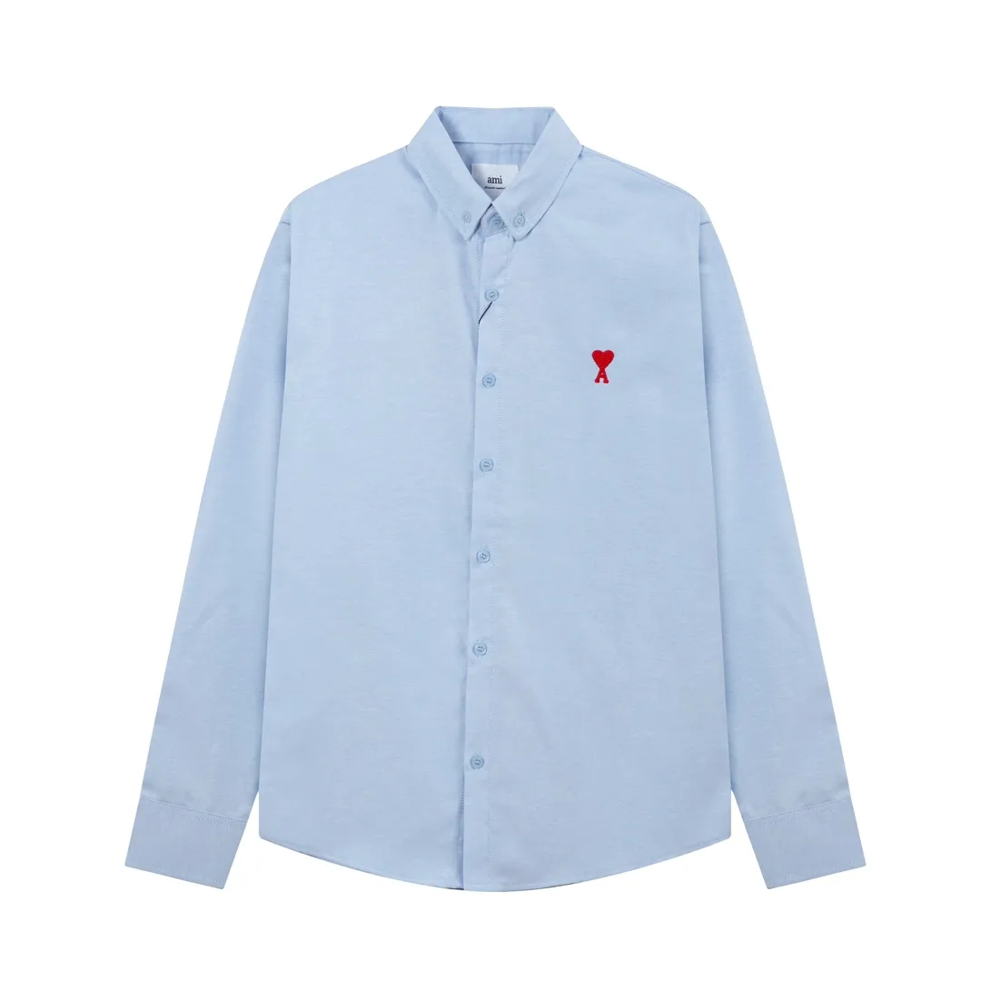 P150 2203# AMI Paris Classic autumn red small love heart embroidered on the chest Casual cotton solid color long-sleeved Oxford shirt Original custom-made 180g pure cotton fabric Regular fit Unisex Color: White Blue Yellow Brown Pink Size: S-XL