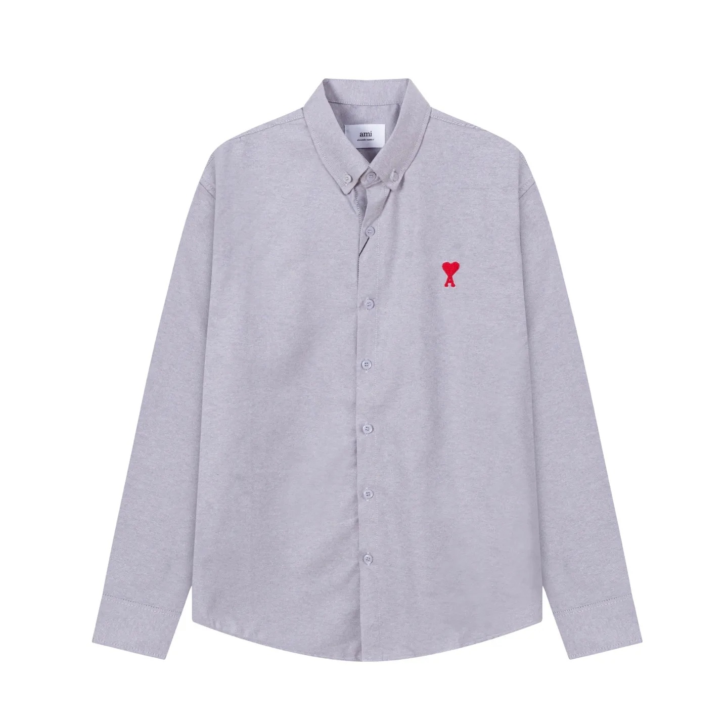 P150 2203# AMI Paris Classic autumn red small love heart embroidered on the chest Casual cotton solid color long-sleeved Oxford shirt Original custom-made 180g pure cotton fabric Regular fit Unisex Color: White Blue Yellow Brown Pink Size: S-XL