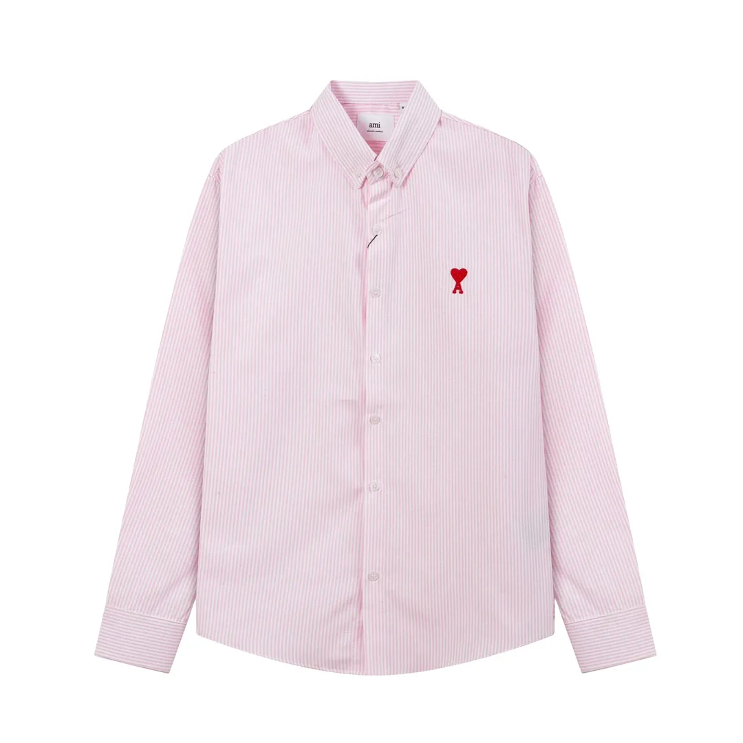 2202# AMI Paris Classic autumn red small heart embroidered on the chest Casual cotton striped long-sleeved Oxford shirt Original custom-made 180g pure cotton fabric Regular version Same style for men and women Colors: Black and white Gray and white Blue and white Green and white Pink and white Size: S-XL