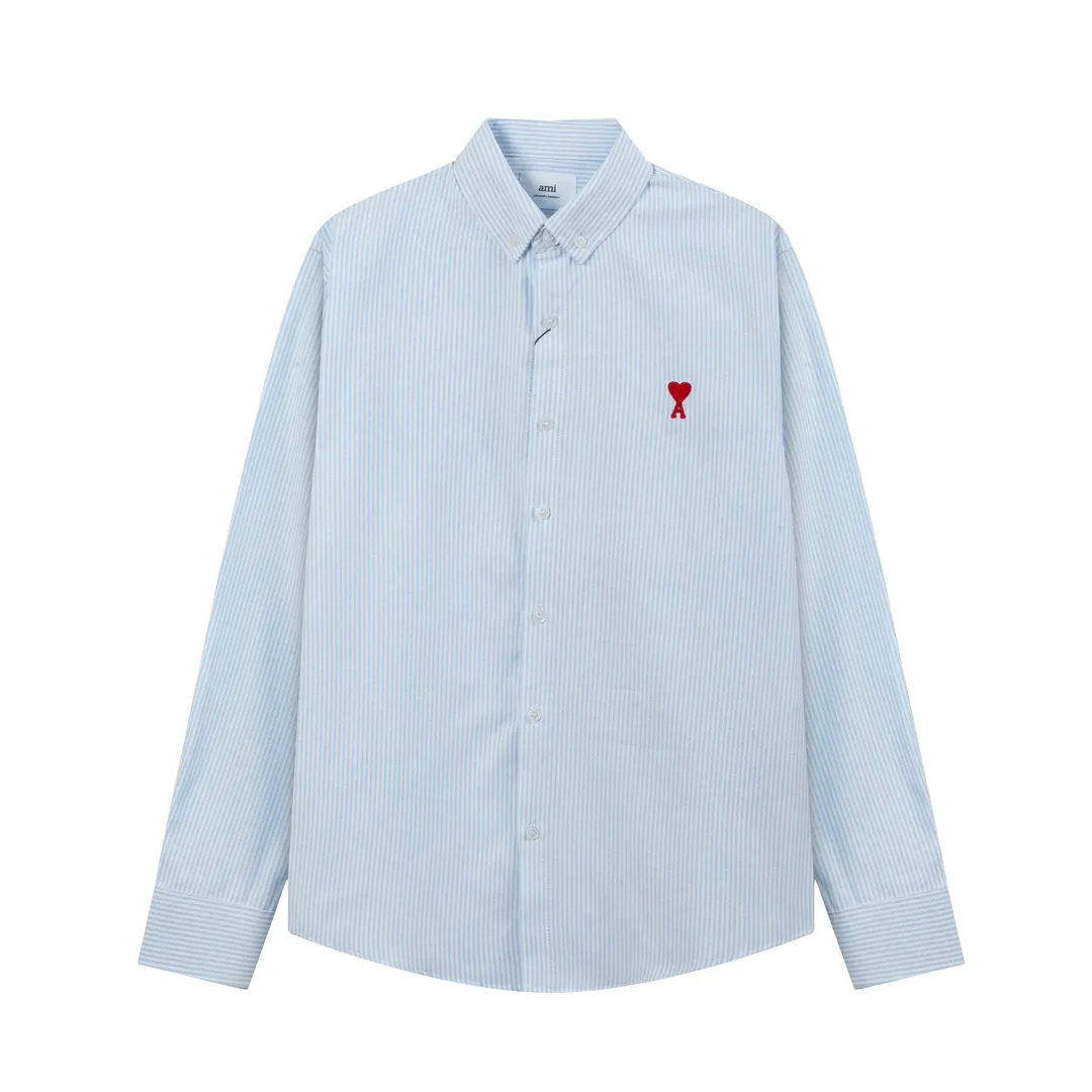 2202# AMI Paris Classic autumn red small heart embroidered on the chest Casual cotton striped long-sleeved Oxford shirt Original custom-made 180g pure cotton fabric Regular version Same style for men and women Colors: Black and white Gray and white Blue and white Green and white Pink and white Size: S-XL